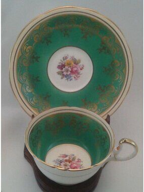 Aynsley Green & Floral Low Doris Shape Bone China Tea Cup And Saucer